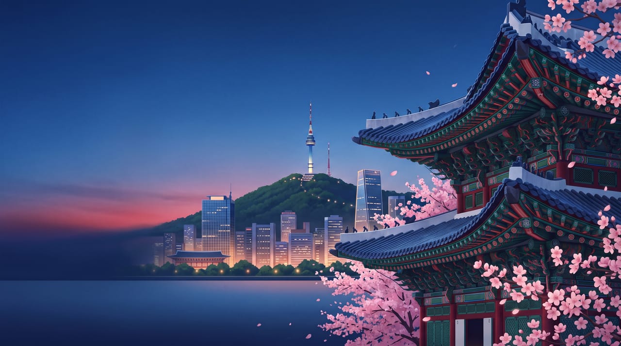 Illustration of Gyeongbokgung Palace with cherry blossoms and N Seoul Tower at dusk, South Korea